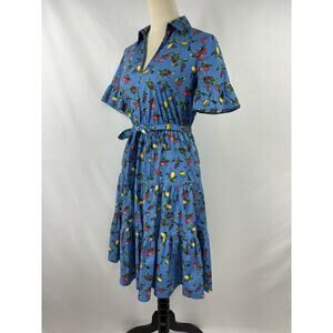 Donna Morgan Dress Blue Fruit Print 4 Tiered Skirt Ruffled Sleeves Collar 50s
